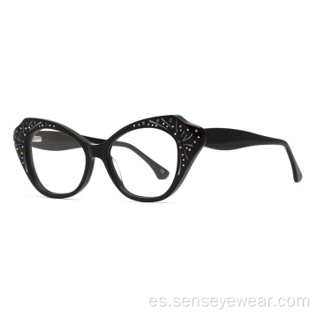 Mujeres Rhinestone Diamond Acetate Marco óptico Gafas